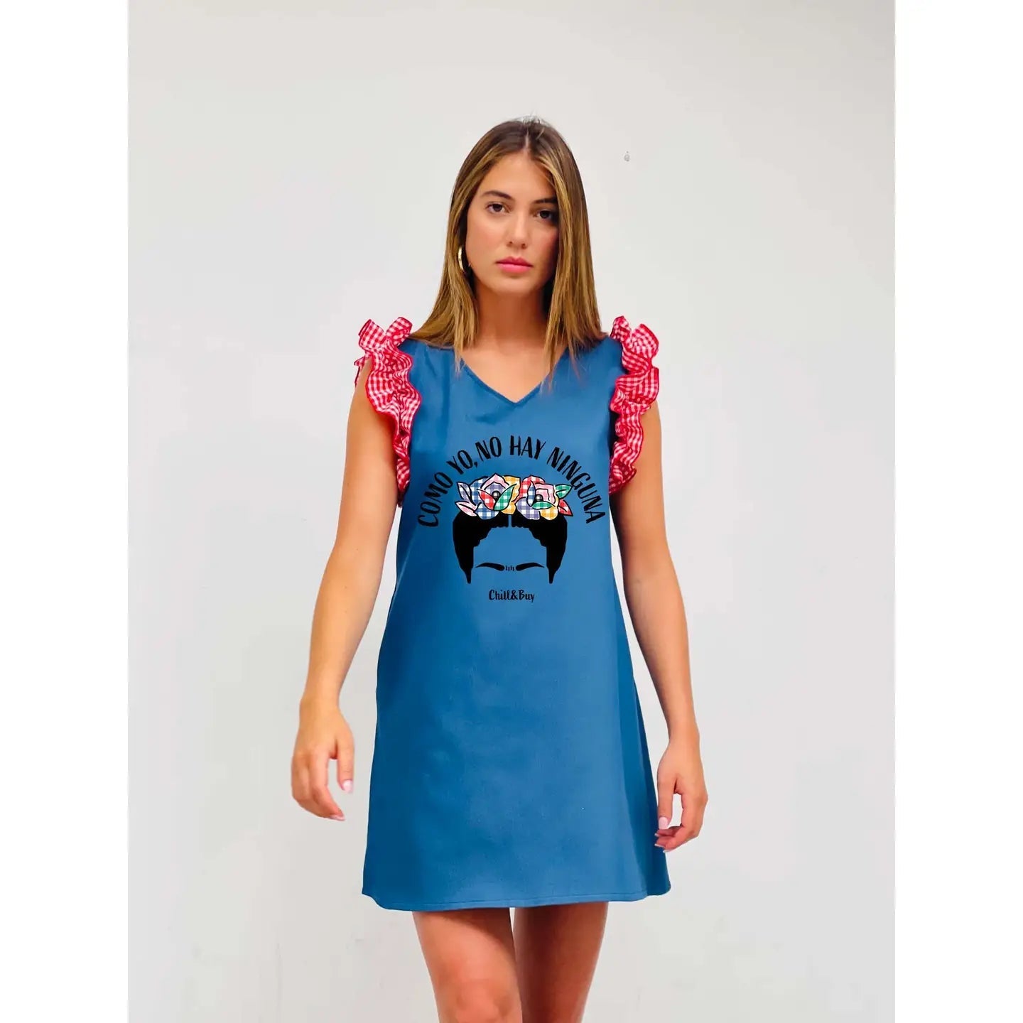 Red Gingham Floral Embroidered Denim Dress with Ruffles - Vintage Inspired Frida Silhouette for Casual Outings & Boho Fashion