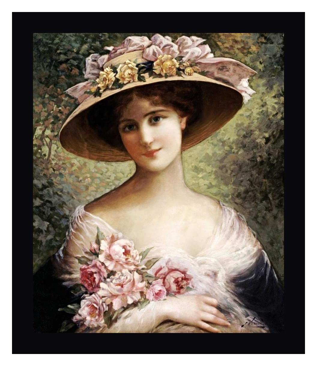 Emile Vernon The Fancy Bonnet 20x24 Inch Framed Canvas Wall Art Print with Black Wood Frame - Ready to Hang for Living Room, Bedroom & Office Decor