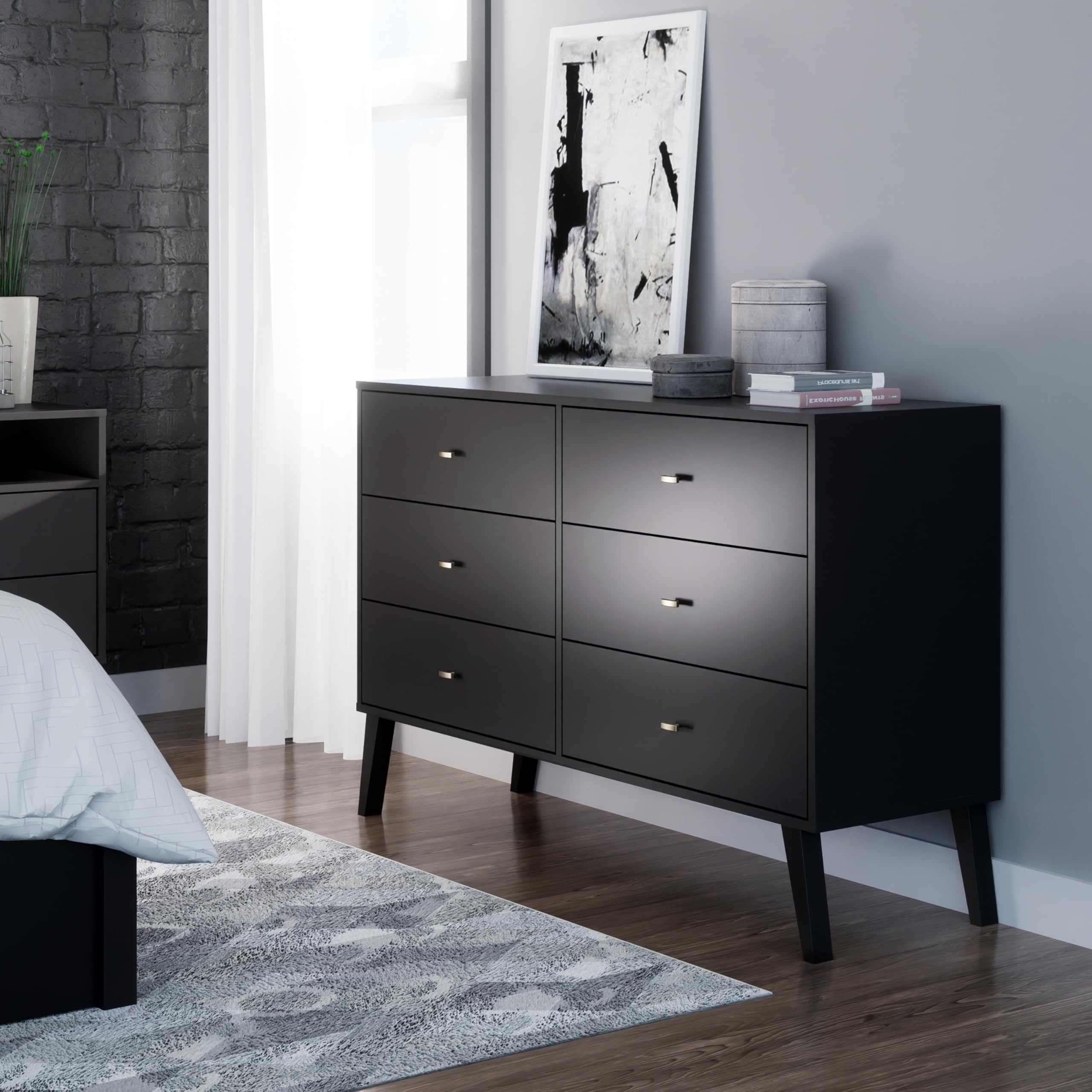 Mid-Century Modern 6-Drawer Double Dresser - Prepac Milo Wide Chest of Drawers for Bedroom, Contemporary Bedroom Furniture (16.75