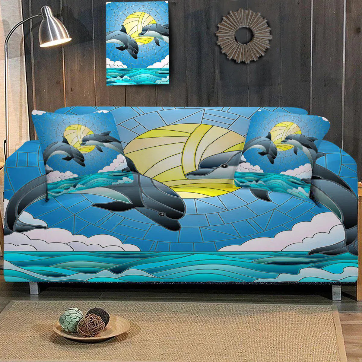 Dolphin Print Sofa Cover - Soft Stretchable Couch Slipcover for Living Room, Bedroom, and Office Furniture Protection - Perfect for Home Decor and Pet-Friendly Use