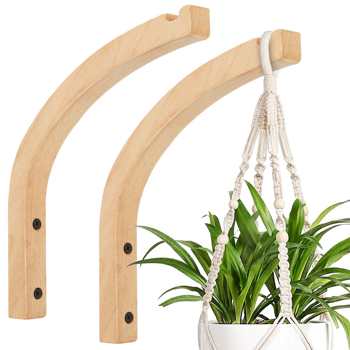 8-Inch Wooden Wall Plant Hangers (2 Pack) - Indoor Hanging Hooks for Planters, Lanterns, Wind Chimes - Perfect for Living Room, Bedroom, Balcony & Home Decor