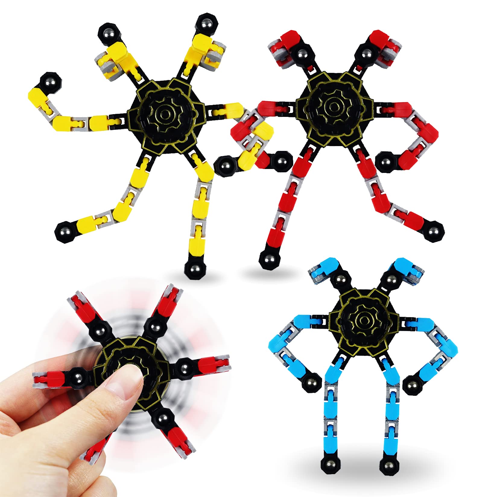 3Pcs Fidget Spinners - DIY Robot Fingertip Toys, Stress Relief Decompression Toys for Kids & Adults, Creative Deformable Mechanical Gyro & Chain Spinner - Perfect for Office, Classroom and Anxiety Relief