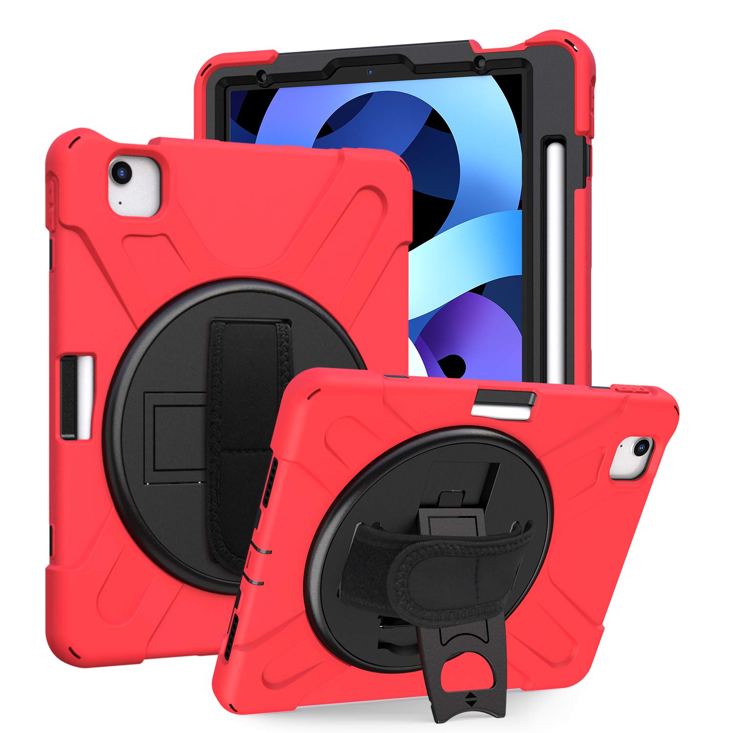 Heavy Duty Shockproof iPad Air 10.9 & iPad Pro 11 Case with Hand Strap, Shoulder Sling & Palm Grip - Compatible with 1st/2nd Gen iPad Air 4 & 2018/2020 iPad Pro 11 (Shield Red) - Perfect for Travel, Work & Outdoor Activities