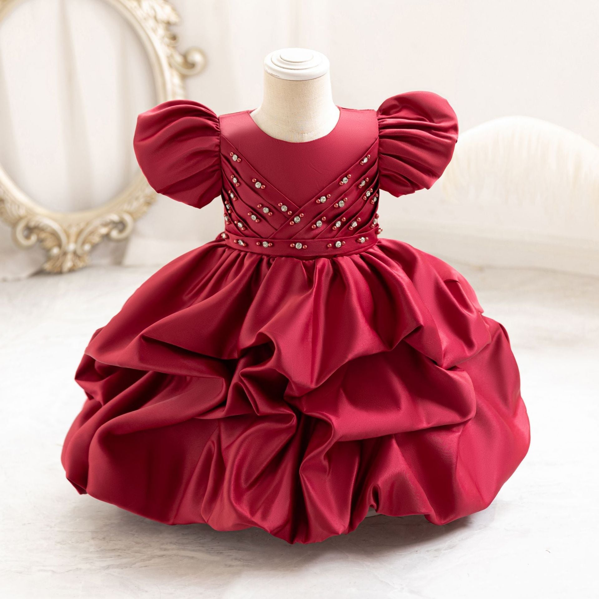 Elegant Knee-Length Satin Flower Girl Dress with Puff Sleeves & Bow - Perfect for Weddings, Baptisms & Special Occasions