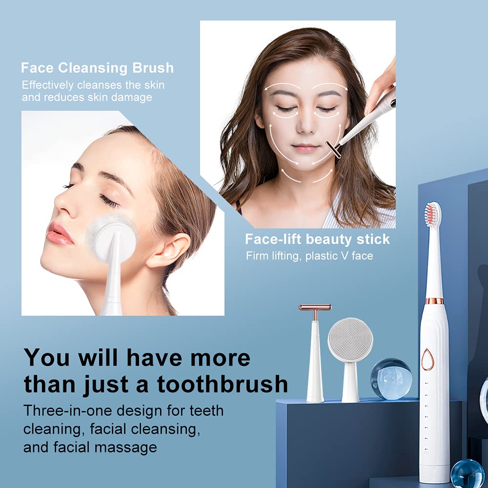 Premium Electric Toothbrush for Adults - 6 Brushing Modes with Smart Timer & Sonic Cleaning Technology | 3-in-1 Multifunctional Toothbrush Set (White) | Perfect for Travel, Home Use & Dental Care Routine