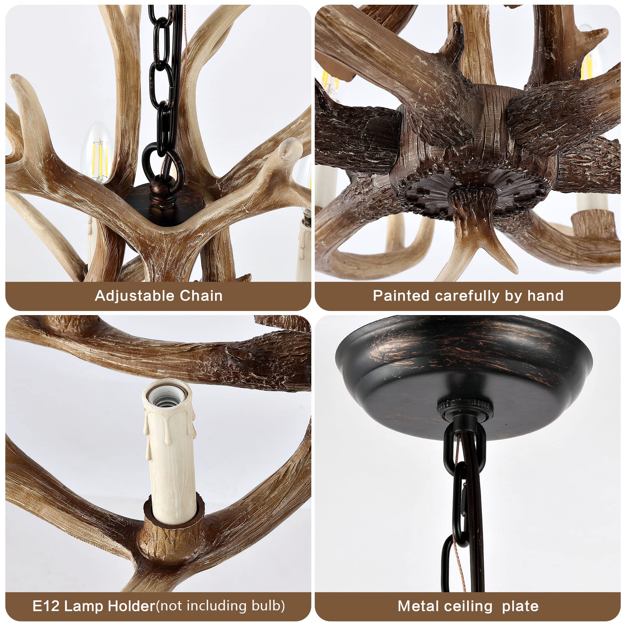 6-Light Antler Chandelier - Rustic Deer Horn Lighting Fixture for Farmhouse, Living Room, Bedroom, Dining Room & Kitchen | Perfect for Cabin Decor, Lodge Style Homes and Western-Themed Interiors