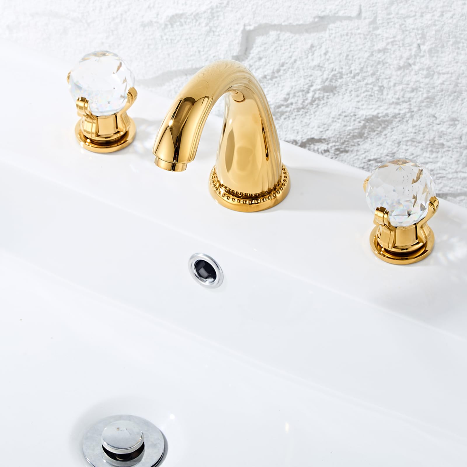 Premium 3-Hole Widespread Brass Bathroom Sink Faucet with Crystal Handle - Gold Ti-PVD Finish - Deck Mount Mixer Tap for Modern Bathrooms & Powder Rooms