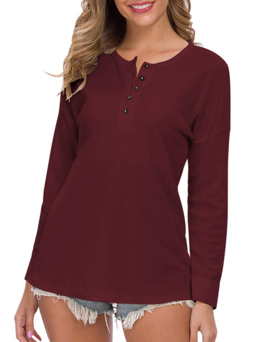WNEEDU Women's Waffle Knit Tunic Top - Loose Fit Long Sleeve Button Up V-Neck Henley Shirt for Casual Wear, Office & Fall Outfits