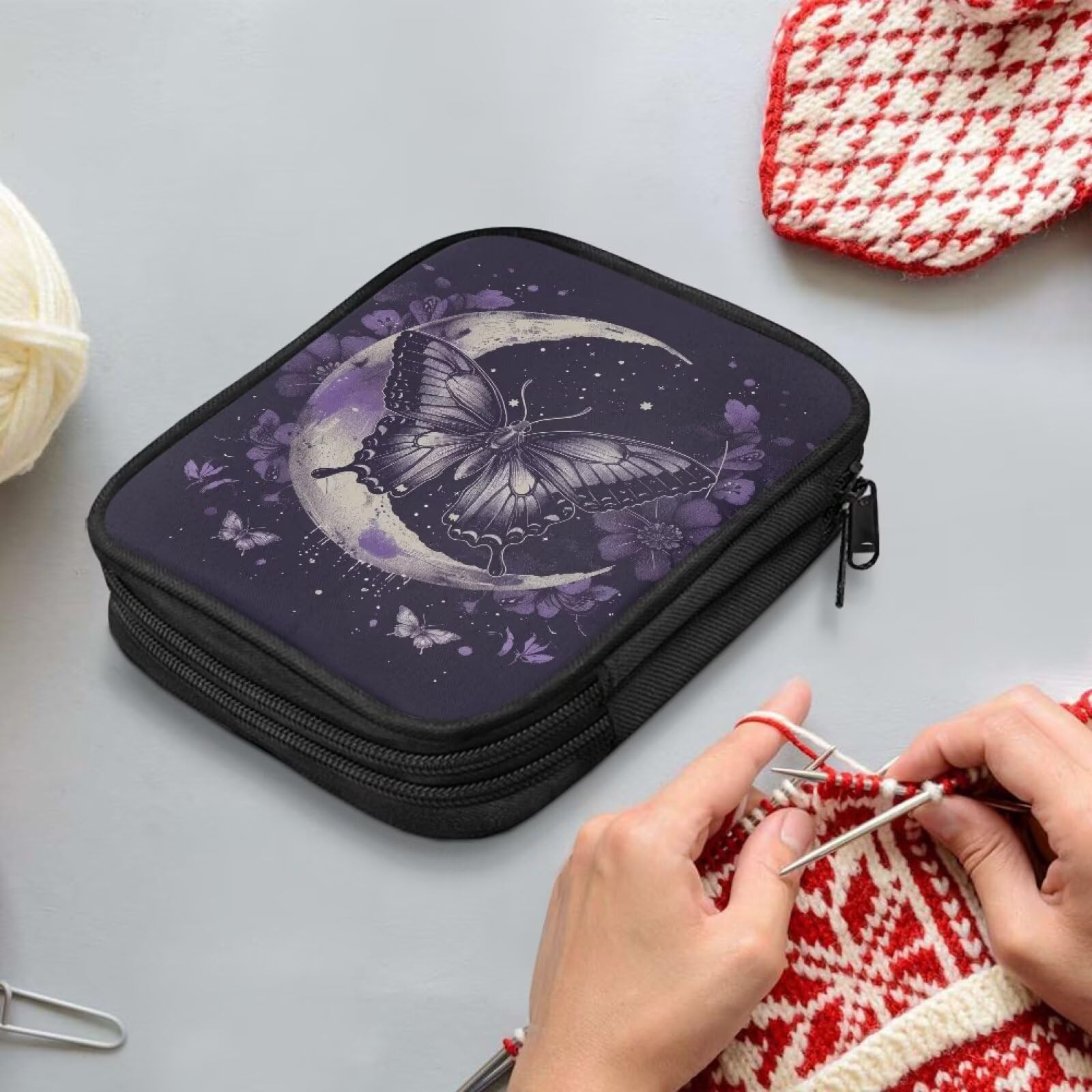 Vanideaoty Butterfly Crochet Hook Case - Floral Knitting Needle Organizer with Web Pockets for Crochet Hooks, Lighted Hooks & Accessories | Portable Storage for Crocheting at Home, Travel & Craft Projects