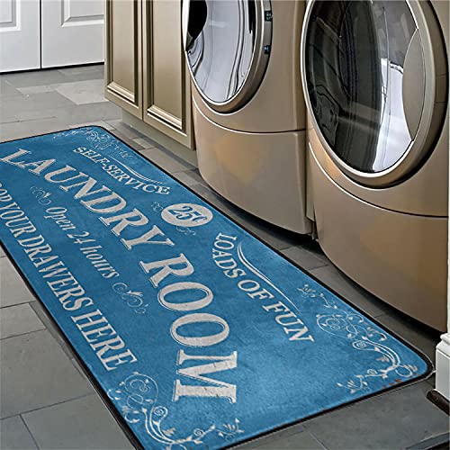 Farmhouse Laundry Room Rug - 72x24in Machine Washable Runner Mat in Retro Blue - Perfect for Laundry Room Decor, Kitchen Entryway & Mudroom Floor Protection