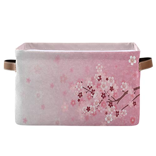 Collapsible Storage Basket with PU Handles - Waterproof Nursery & Laundry Organizer (2 Pack, Pink Cherry Spring Flower Design) - Perfect for Baby Room, Bathroom, Closet & Home Organization