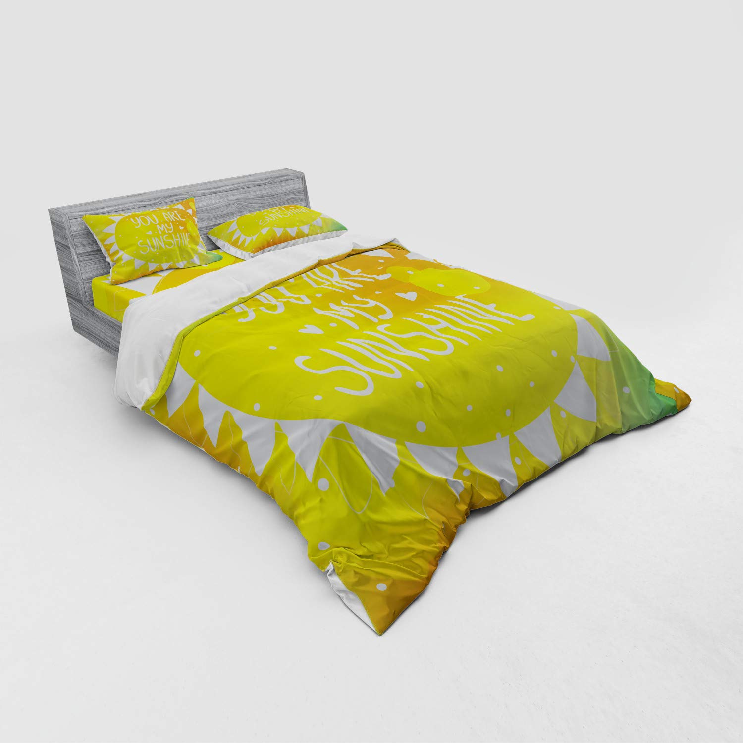 Ambesonne Sunshine Phrase Bedding Set - 4 Piece Duvet Cover with Shams & Fitted Sheet, Queen Size Yellow Geometric Triangle Dot Design for Romantic Bedroom Decor | Perfect for Couples' Master Bedroom or Guest Room