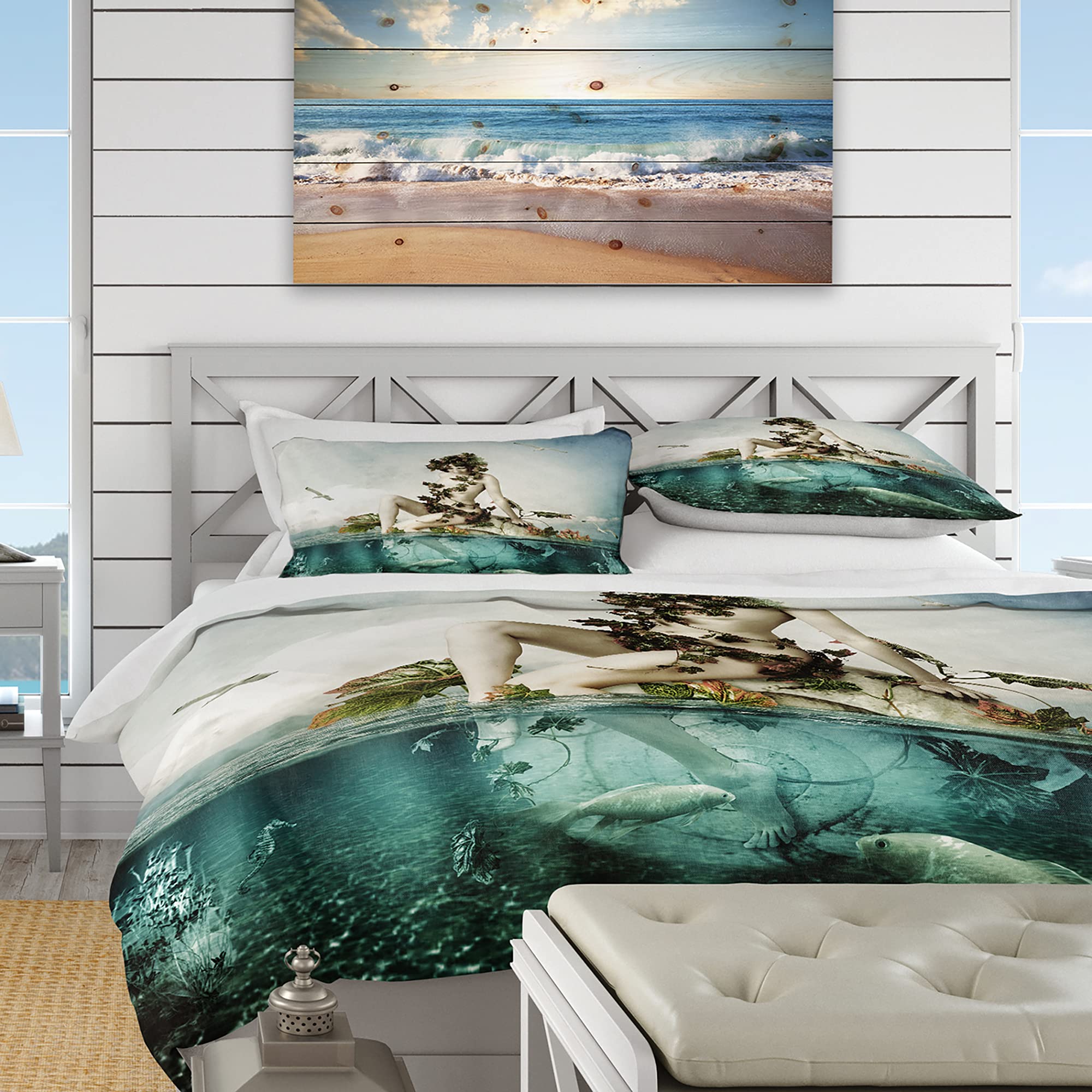 DesignQ Woman of The Sea Traditional Blue Duvet Cover Set King Size - 3 Piece Romantic Bedding Set for All Seasons | Perfect for Coastal Themed Bedrooms & Guest Room Decor