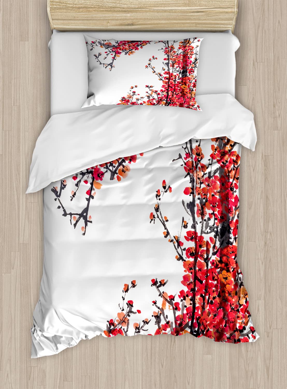 Ambesonne Japanese Cherry Blossom Duvet Cover Set - Sakura Branch Brushstroke Print Queen Size Bedding (2 Duvet Covers + 4 Pillowcases) - Red & Brown Floral Design for Spring Bedroom Decor | Perfect for Guest Rooms, Master Bedrooms & Seasonal Home Refresh
