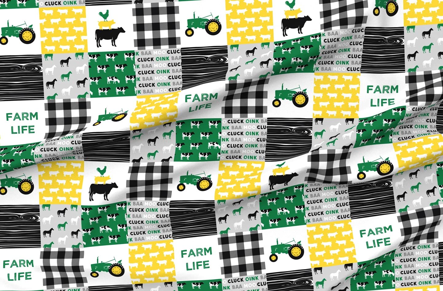 Farm Life Horse Printed Minky Fabric - Green Yellow Black Woodgrain Patchwork Fat Quarter for Sewing Baby Blankets, Quilt Backing & Plush Projects - Soft & Cozy Fabric for DIY Crafts, Nursery Decor & Home Decor