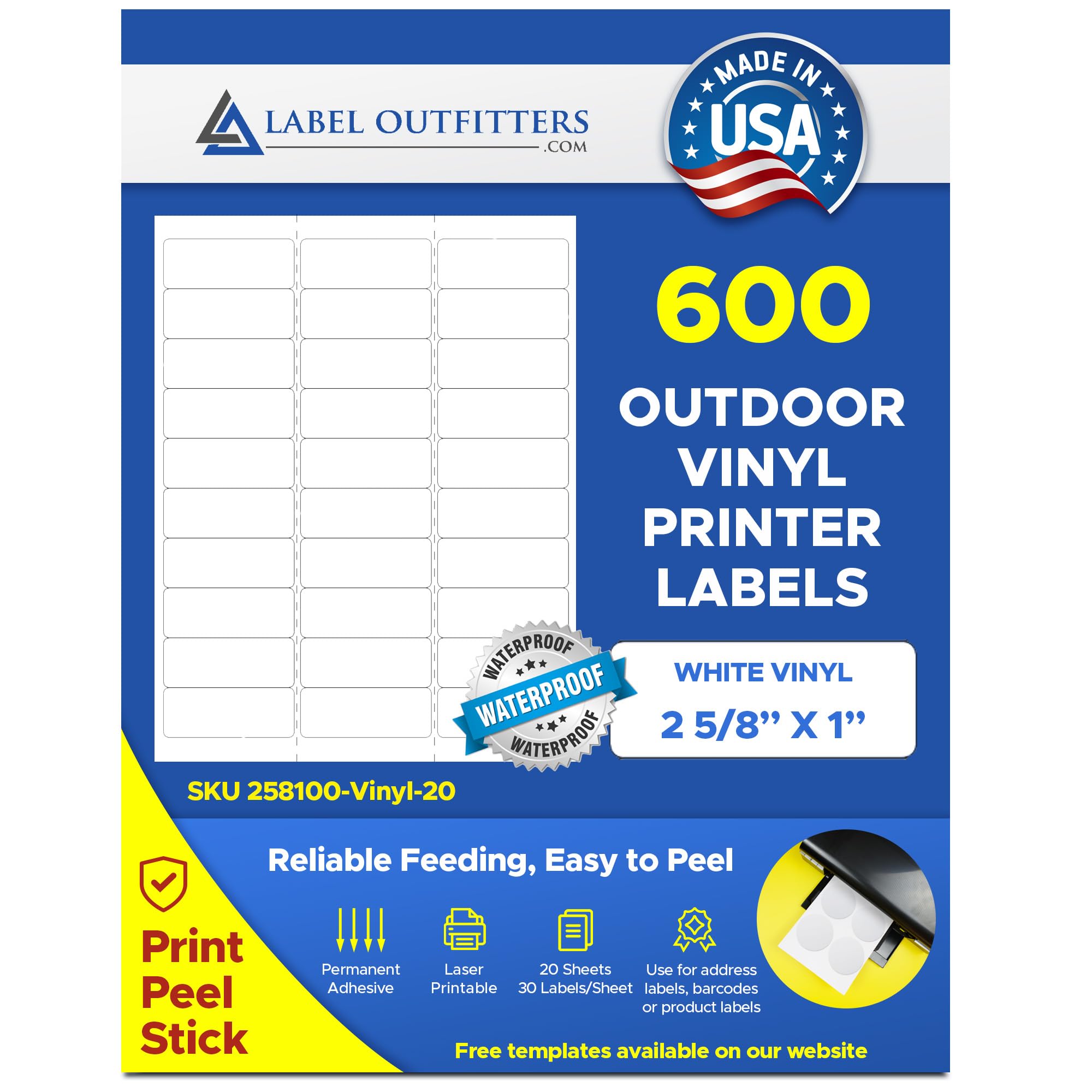 600 Printable White Outdoor Vinyl Laser Labels - 2-5/8 x 1 Inch - Waterproof Weatherproof Stickers for Laser Printers - 20 Sheets Pack - Perfect for Mailing, Shipping & Outdoor Equipment Labeling