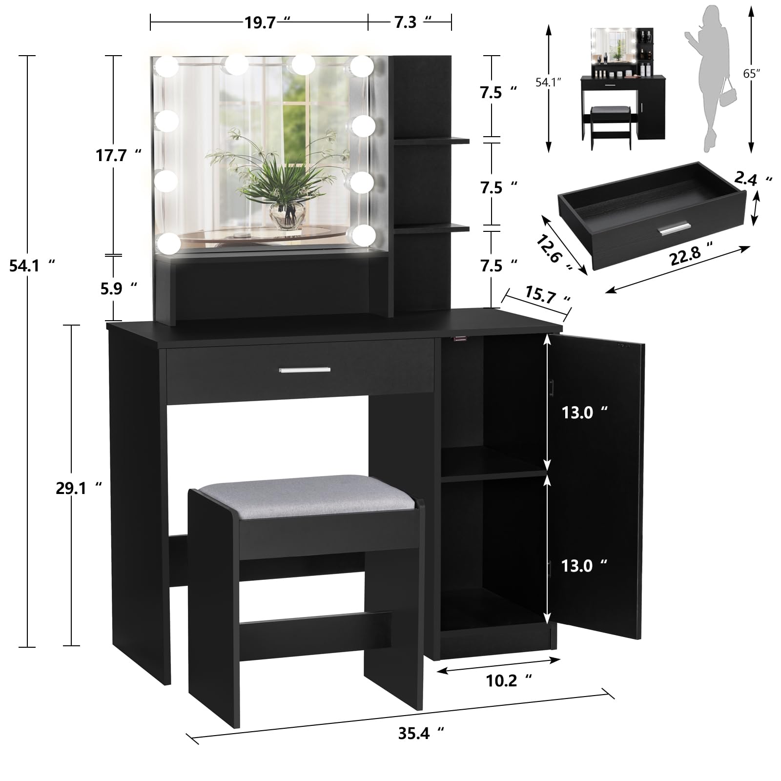 USIKEY Makeup Vanity Desk with LED Lights & Mirror - 3-Tier Storage Vanity Table with Drawer, Cabinet & Stool - Elegant Black Dressing Table for Bedroom, Perfect for Makeup Application & Beauty Organization