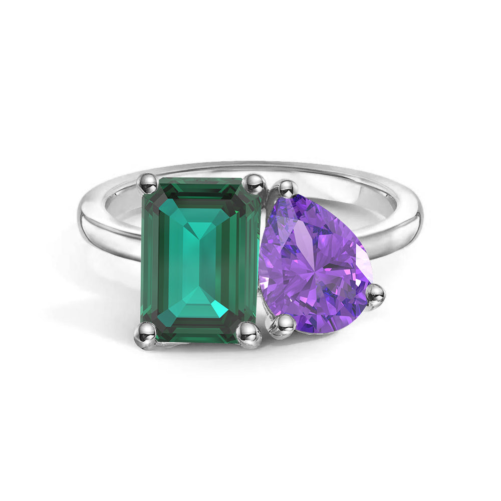 Toi et Moi Personalized Emerald Birthstone Ring - Custom Anniversary Jewelry for Couples, Women's Birthstone Engagement Ring - Perfect for Valentine's Day, Wedding Proposal & Romantic Gifts