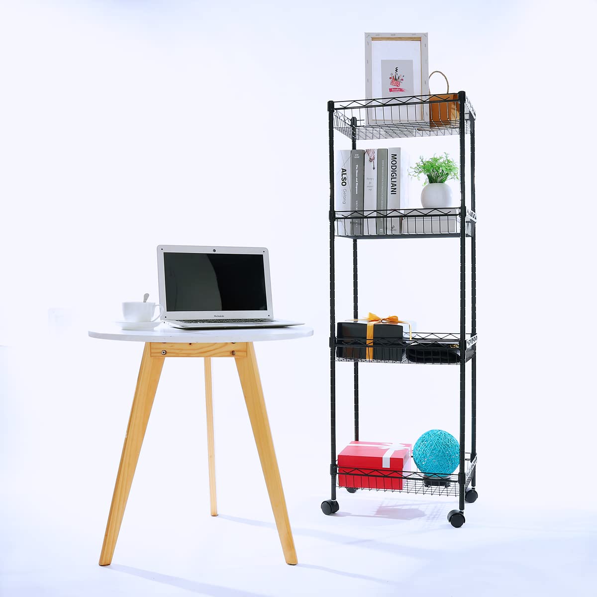 REGILLER 4-Tier Metal Wire Storage Shelving Rack with Baskets - Adjustable Corner Shelf Organizer for Laundry, Bathroom, Kitchen, Pantry, Closet & Garage - Heavy Duty Tool Storage Shelf (Black) | Perfect for Organizing Cleaning Supplies, Toys, Books & Home Essentials