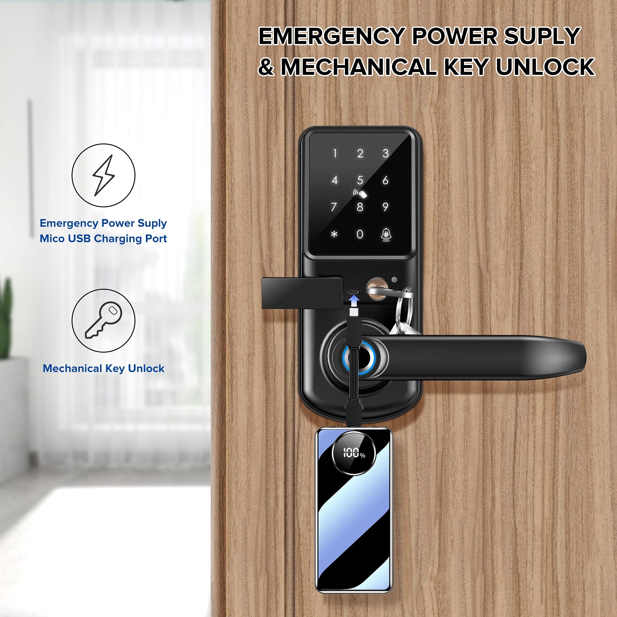 CATCHFACE A290 Smart Lock - Bluetooth Keyless Entry Door Lock with Handle, Fingerprint Biometric Lock, TTLock Compatible, Works with Cards/Keys/Passcode - Ideal for Front Door, Office & Home Security