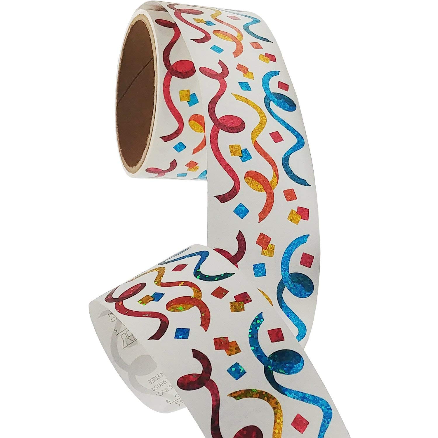 Jillson Roberts Bulk Roll Birthday Themed Prismatic Stickers - 50 Repeats, Colorful Streamers & Confetti for Party Decorations | Perfect for Birthday Parties, Baby Showers & Celebrations