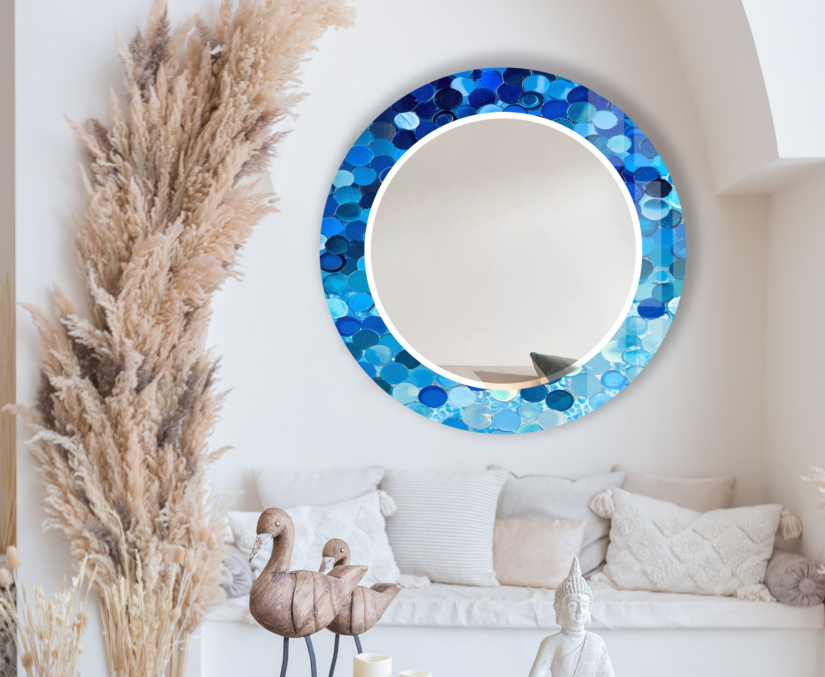 Blue Bubble Mosaic Round Wall Mirror - Coastal Style Accent Mirror for Modern Home Decor, Perfect for Bathroom, Bedroom, Living Room, and Entryway