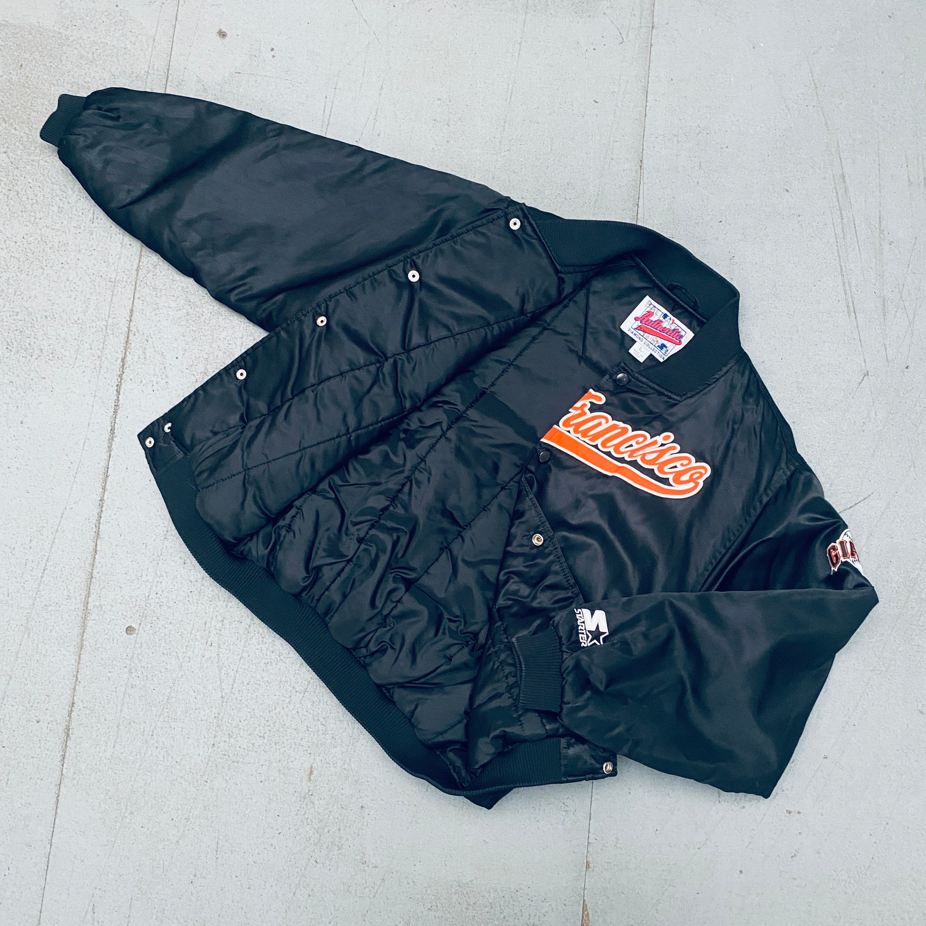 San Francisco Giants 1990s Vintage Satin Stitched Script Starter Bomber Jacket - MLB Baseball Fan Apparel for Men & Women - Perfect for Game Day, Tailgating & Streetwear Fashion