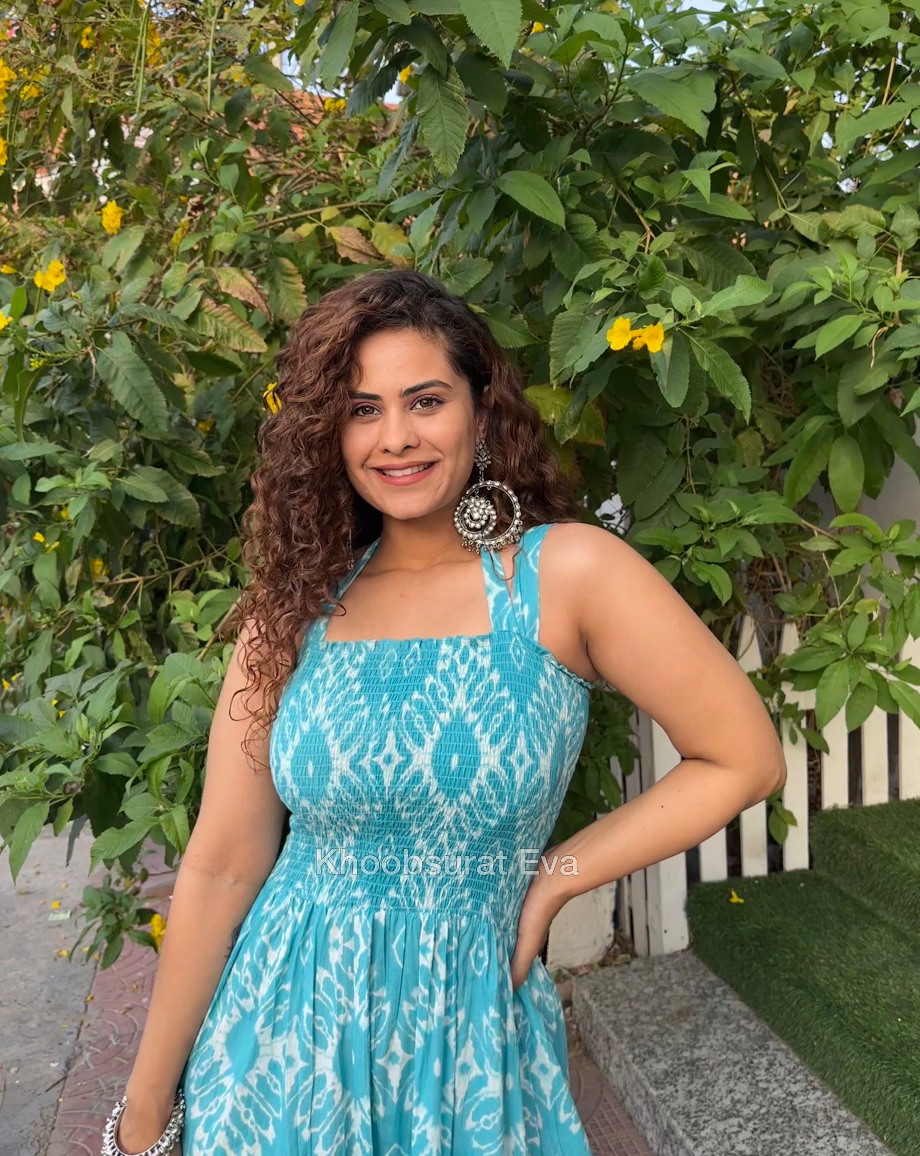 Blue Cotton Tiered Maxi Dress for Women - Flowy Boho Summer Dress with Pockets - Perfect for Beach, Vacation, and Casual Outings