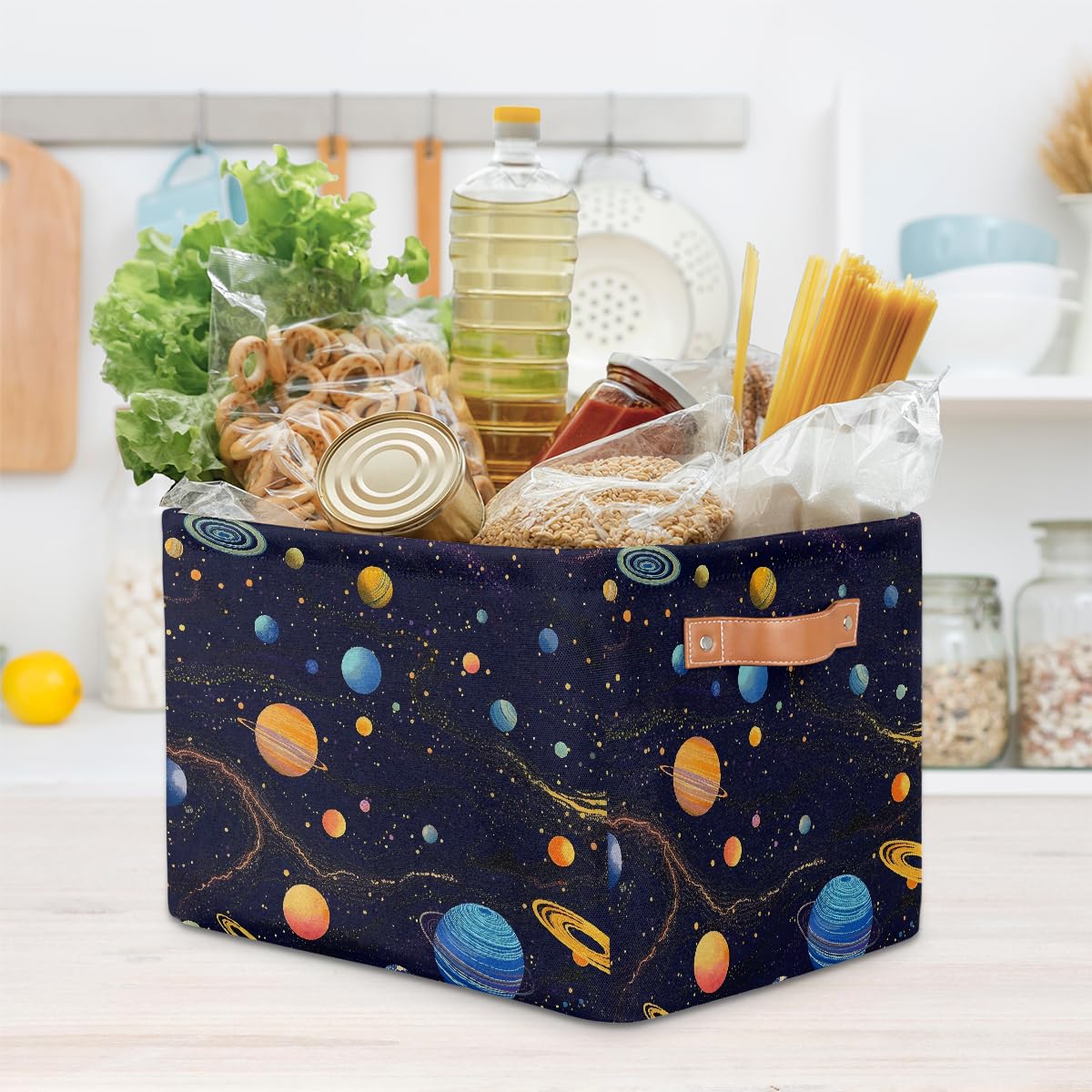 Space-Themed Foldable Storage Baskets with Handles - 2 Pack Decorative Storage Bins for Shelves, Home Organization | Perfect for Kids' Room, Closet & Space-Themed Decor