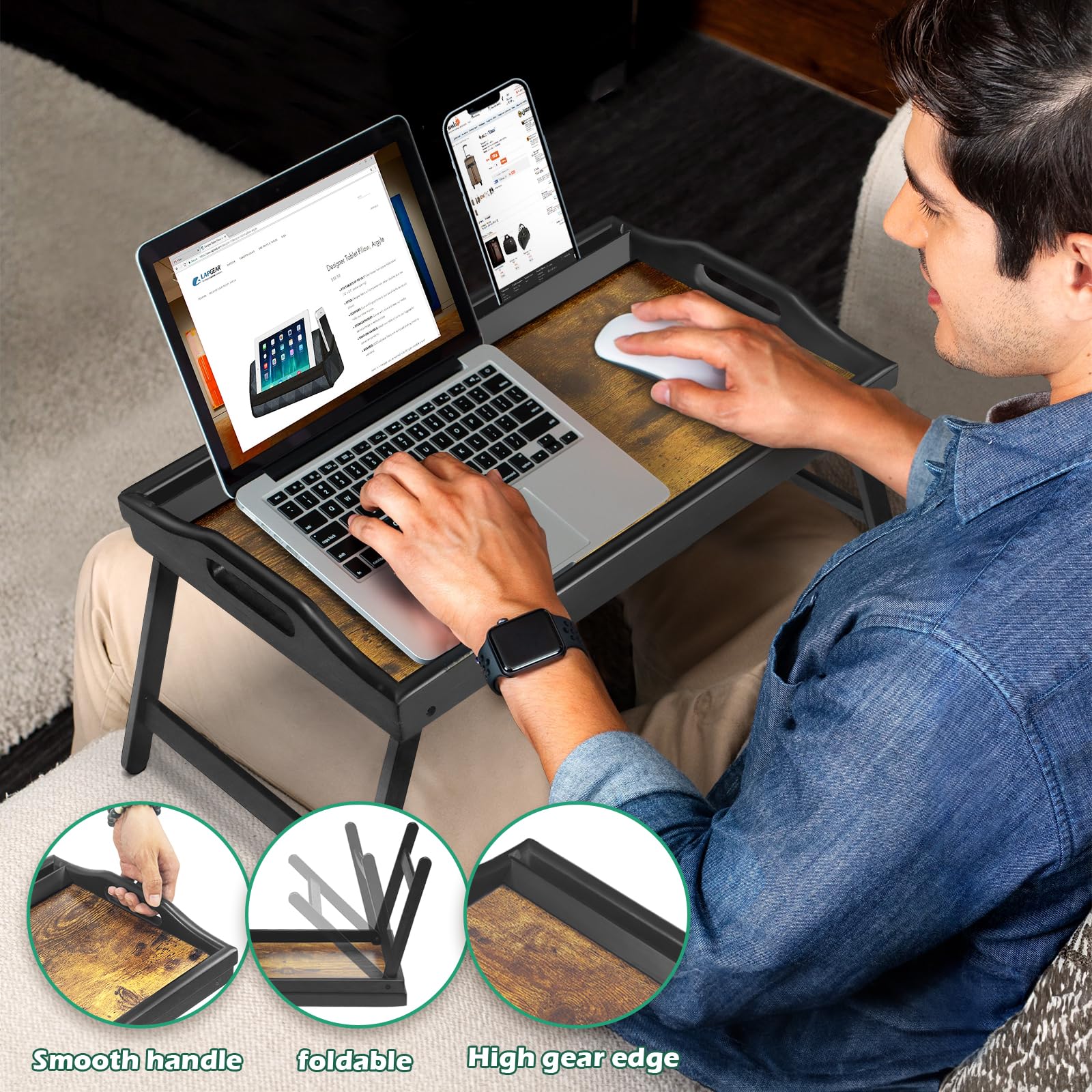 2 Pack Bamboo Bed Tray Table with Folding Legs & Handles - Portable Breakfast Serving Tray with Phone/Tablet Groove - Multi-Use Laptop Desk for Bed, Sofa, Office - Perfect for Eating, Working, Reading & Picnics - Ideal Home, Office & Outdoor Dining Accessory