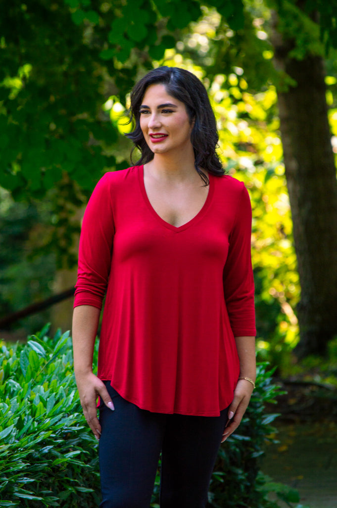 Jackie 3/4 Sleeve Women's Tops - Soft Bamboo Fabric Lipstick Red Blouse for Casual Wear & Office Outfits