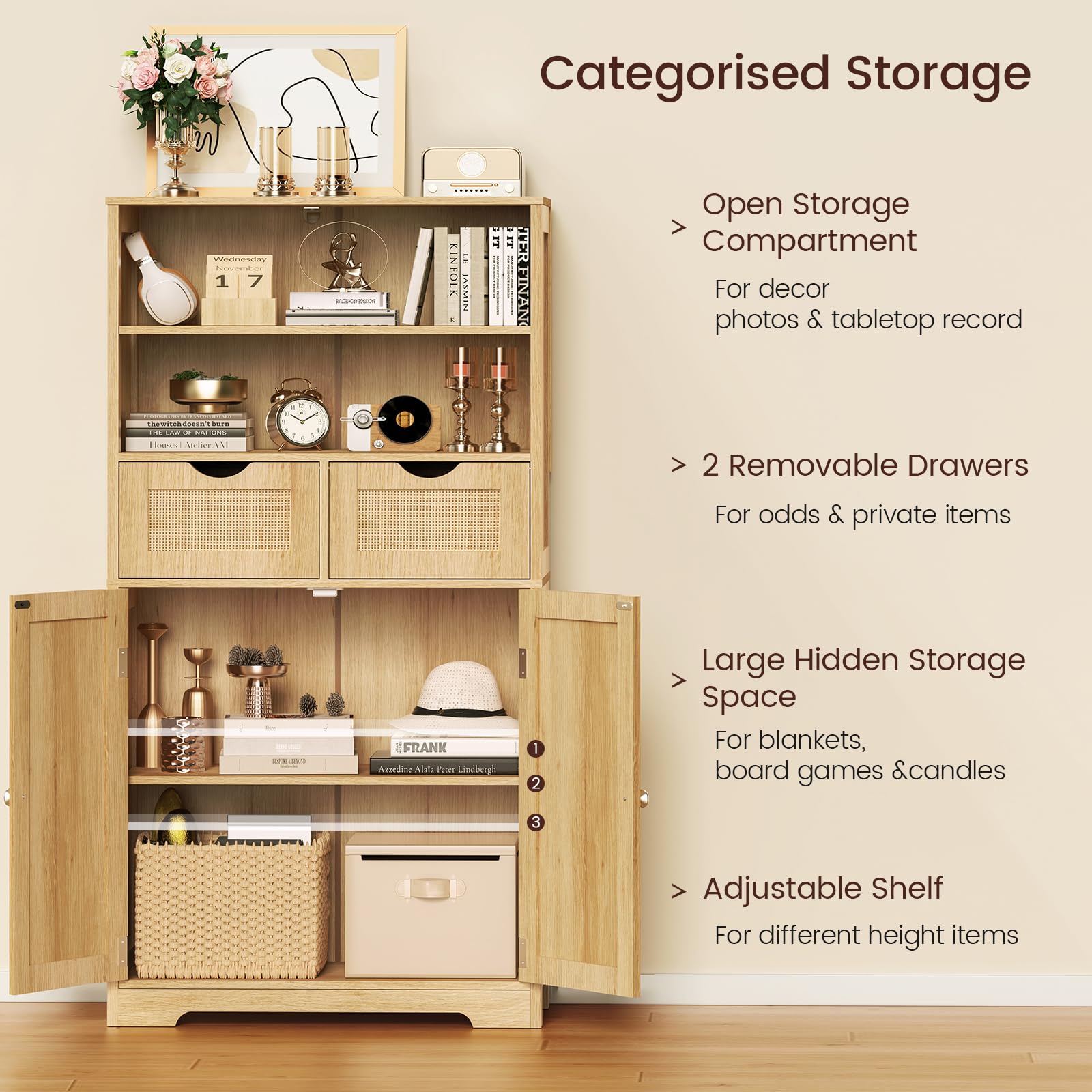 Iwell Tall Rattan Storage Cabinet with 2 Drawers & Adjustable Shelf - Kitchen Pantry Organizer, Entryway Storage for Living Room, Dining Room & Home Office - Natural Finish for Farmhouse & Modern Decor