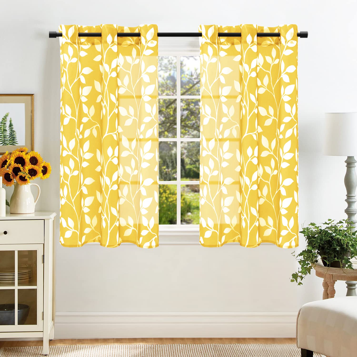 Yellow Kitchen Curtains for Windows - Decorative Sheer Leaf Spring Floral Pattern Sunflower Design, 36 x 48 Inch, Perfect for Bathroom & Kitchen Decor | Brighten Your Home with Cheerful Lemon & Sunflower Accents