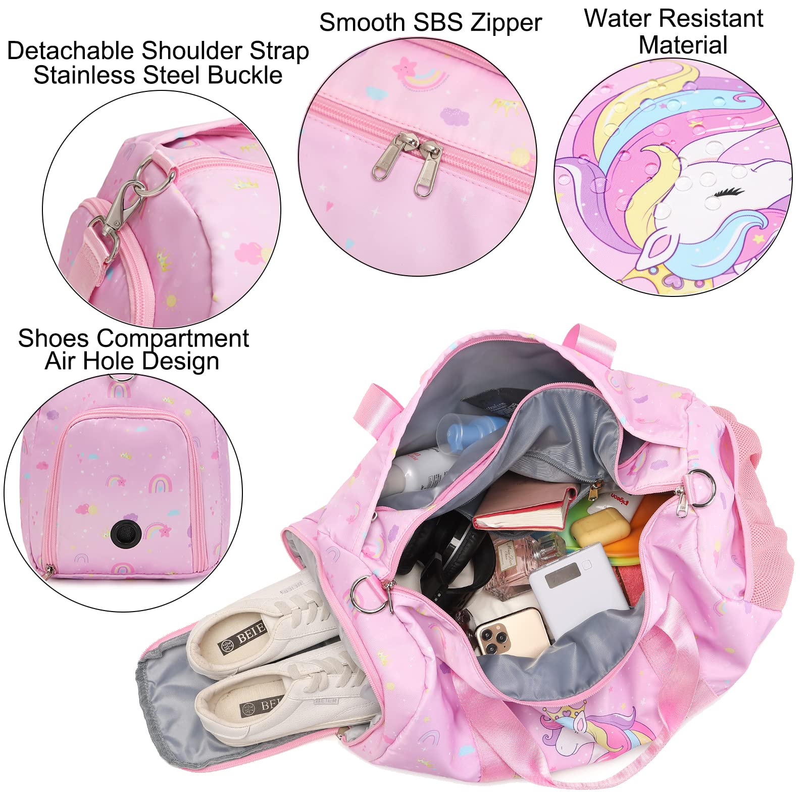 Girls Sports Duffel Bag with Shoe Compartment - Dance Gym Travel Weekender for Teens