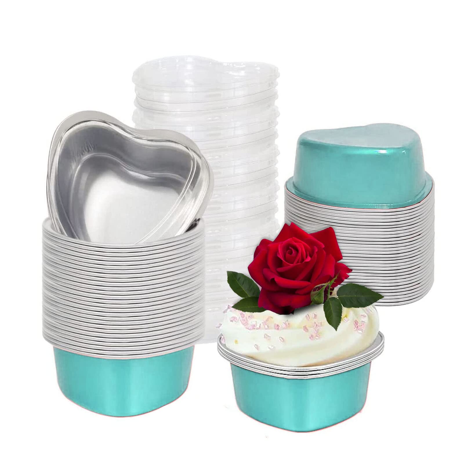 50 Pack Heart Shaped Cake Pans for Baking - 100ml/3.5oz Disposable Aluminum Cupcake Cups with Lids - Perfect for Valentine's Day, Mother's Day, Wedding, Christmas & Birthday Parties (Light Blue) - Great for Desserts, Cupcakes, Candies & Party Favors