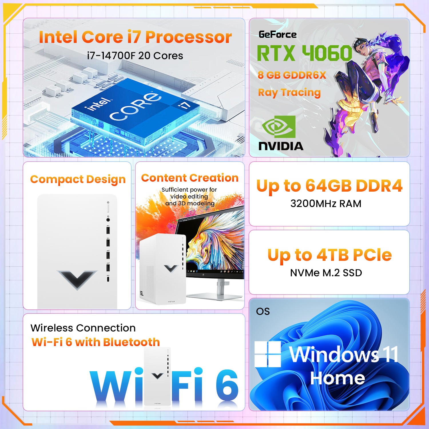 HP Victus 15L Gaming Desktop PC - Intel Core i7, 16GB RAM, NVIDIA GeForce RTX 4060, 256GB SSD, Windows 11 Home (White) | Powerful Tower Computer for Gaming, Streaming & Creative Work