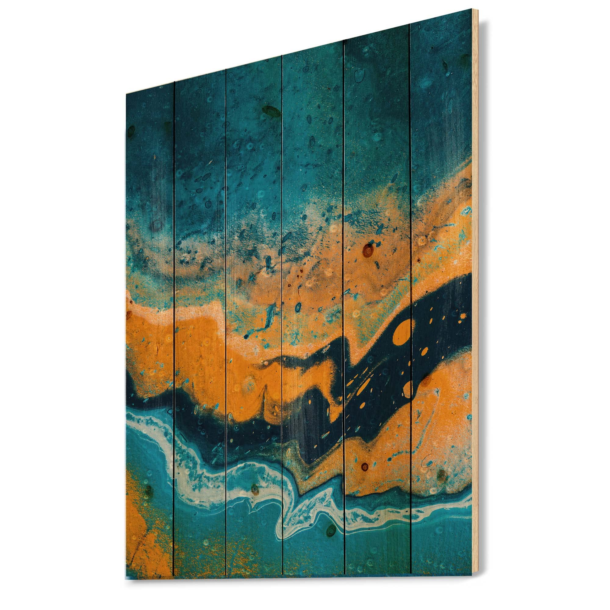 Abstract Marble Wood Wall Art - Blue & Orange Modern Decor for Living Room