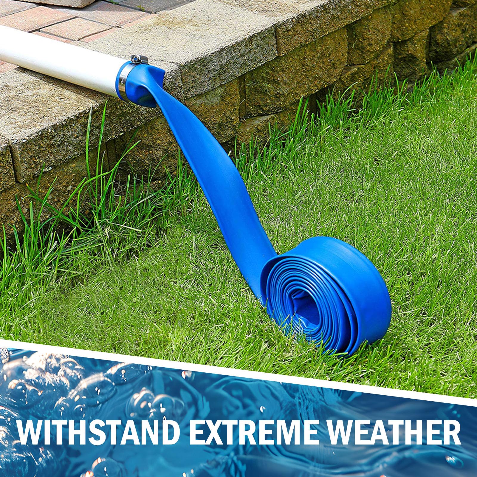 2 Inch x 25 Feet Blue Pool Backwash Hose with Stainless Steel Clamps - Durable Swimming Pool Cleaning Pipe for Water Transfer, Garden Irrigation & Maintenance