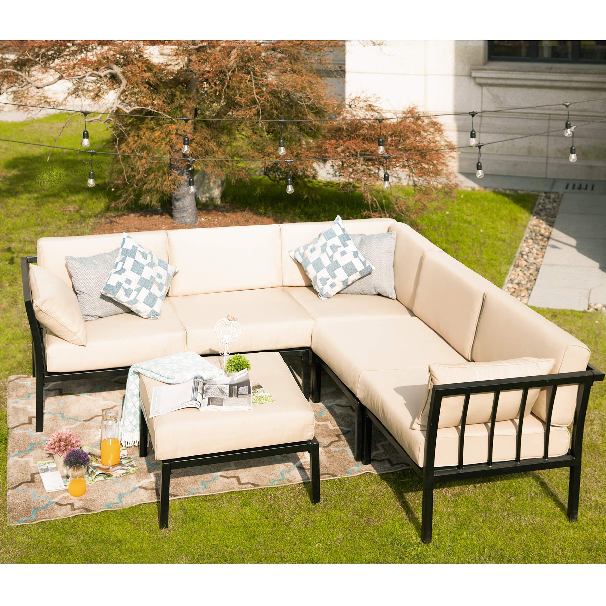LOKATSE HOME 2-Piece Outdoor Patio Furniture Set - Waterproof Wicker Conversation Chairs with Corner Sofa & Ottoman, Khaki - Perfect for Garden, Poolside & Backyard Relaxation