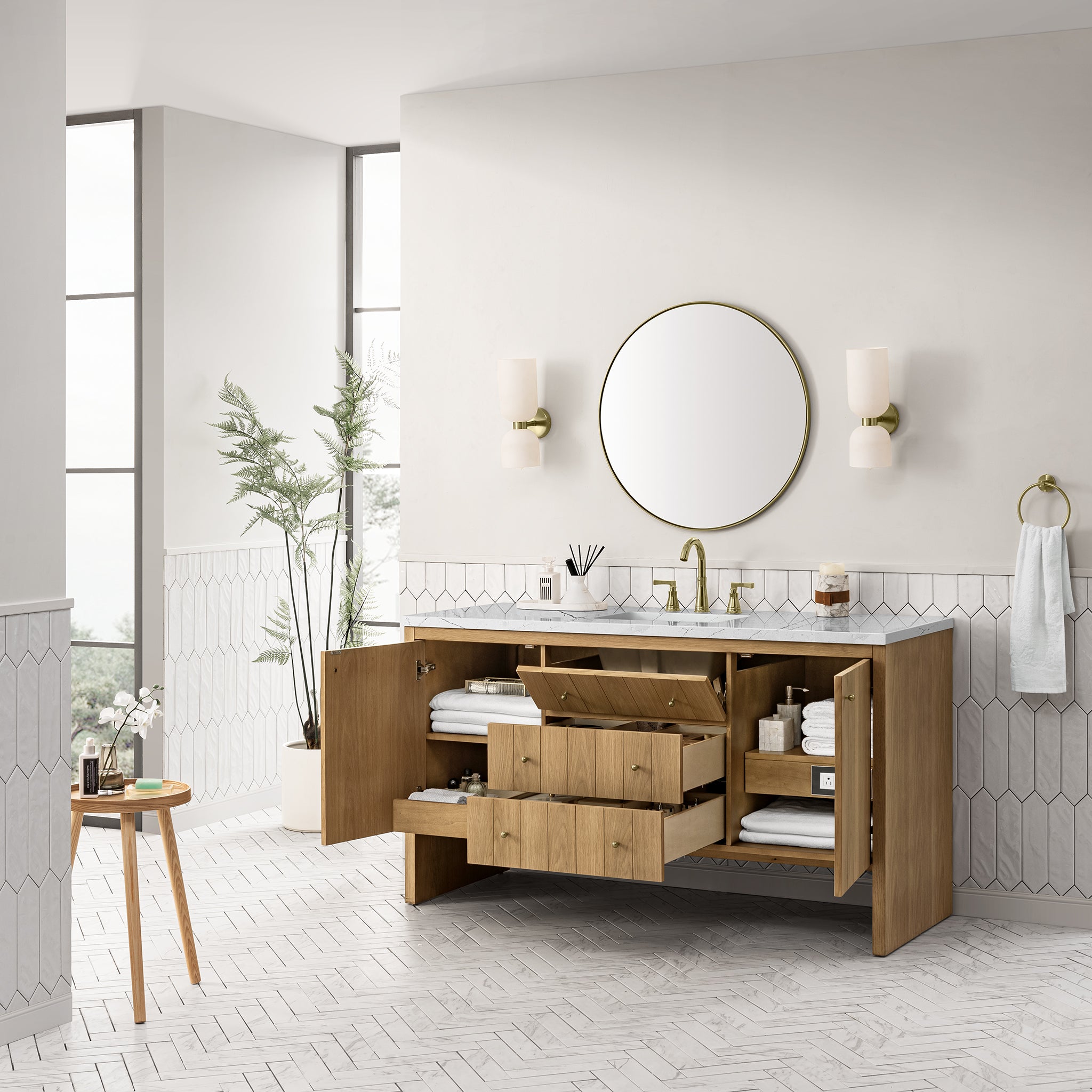 Hudson 60 Inch Single Bathroom Vanity with Light Natural Oak Finish and 3CM Ethereal Noctis Quartz Countertop - Perfect for Modern Master Bathrooms and Powder Rooms