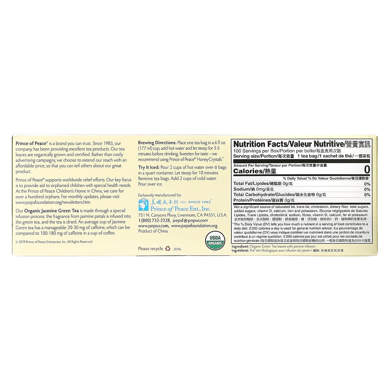 Prince of Peace Organic Jasmine Green Tea - 100 Tea Bags for Relaxation & Wellness | Perfect for Morning Refreshment, Afternoon Pick-Me-Up & Evening Calm