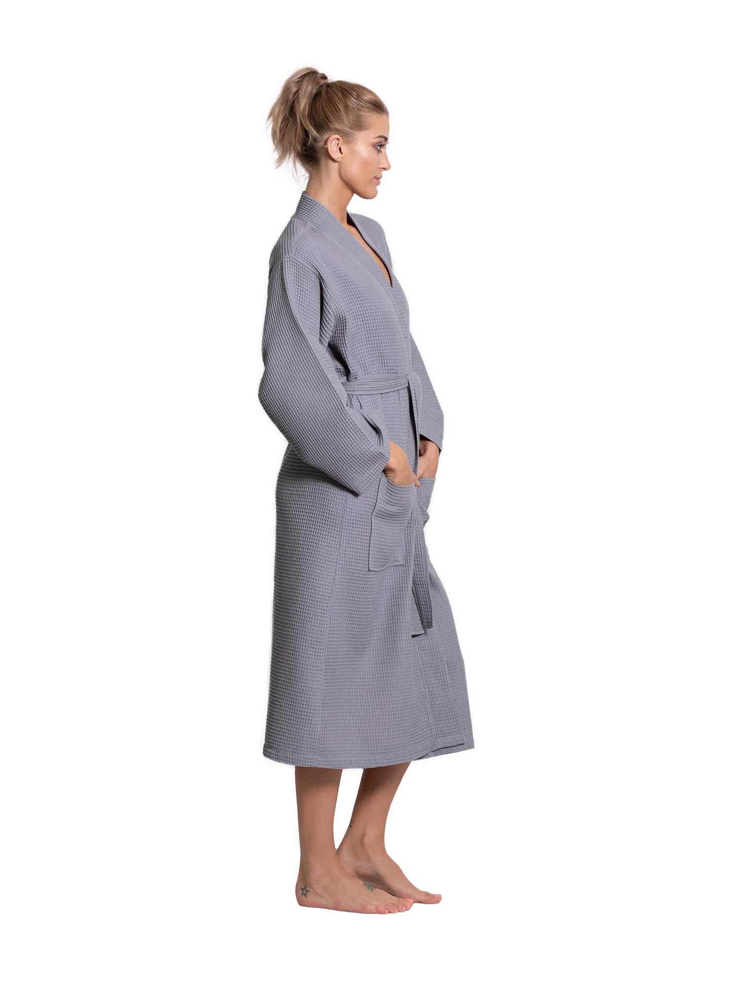 Premium Turquoise Linen & Cotton Blend Lightweight Long Waffle Kimono Robe for Women - Soft Bathrobe, Spa Cover-Up, Loungewear for Relaxation at Home or Beach Vacation