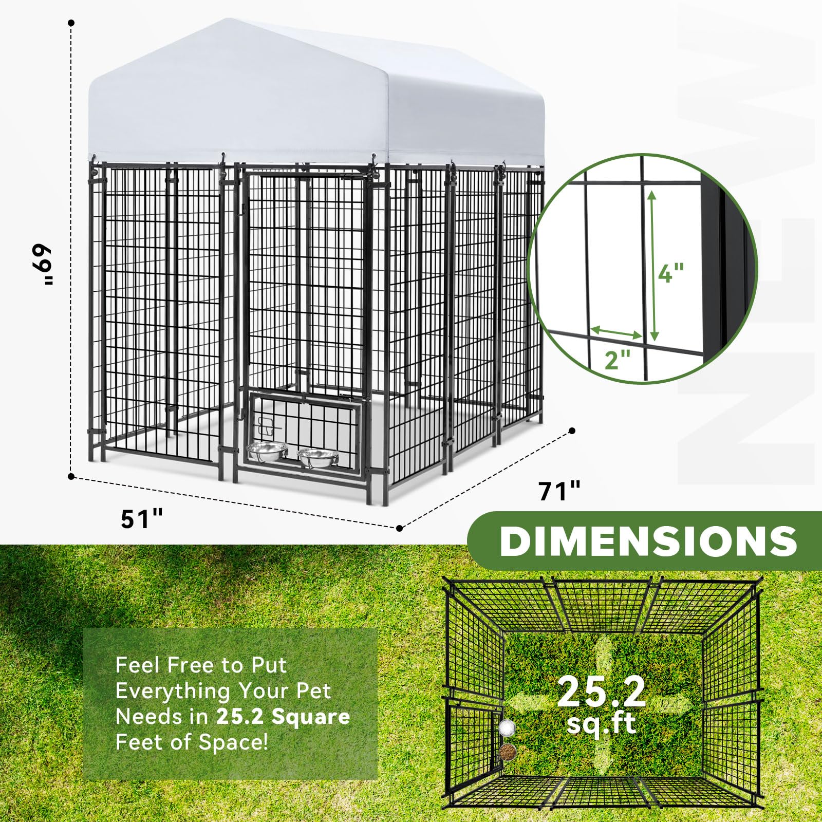 Heavy Duty Welded Steel Outdoor Dog Kennel for Large Dogs - Secure Lock Playpen Fence with Waterproof Roof Cover & 2 Rotating Bowls (Small/Medium/Large Dogs) - Perfect for Backyard, Camping & Pet Training