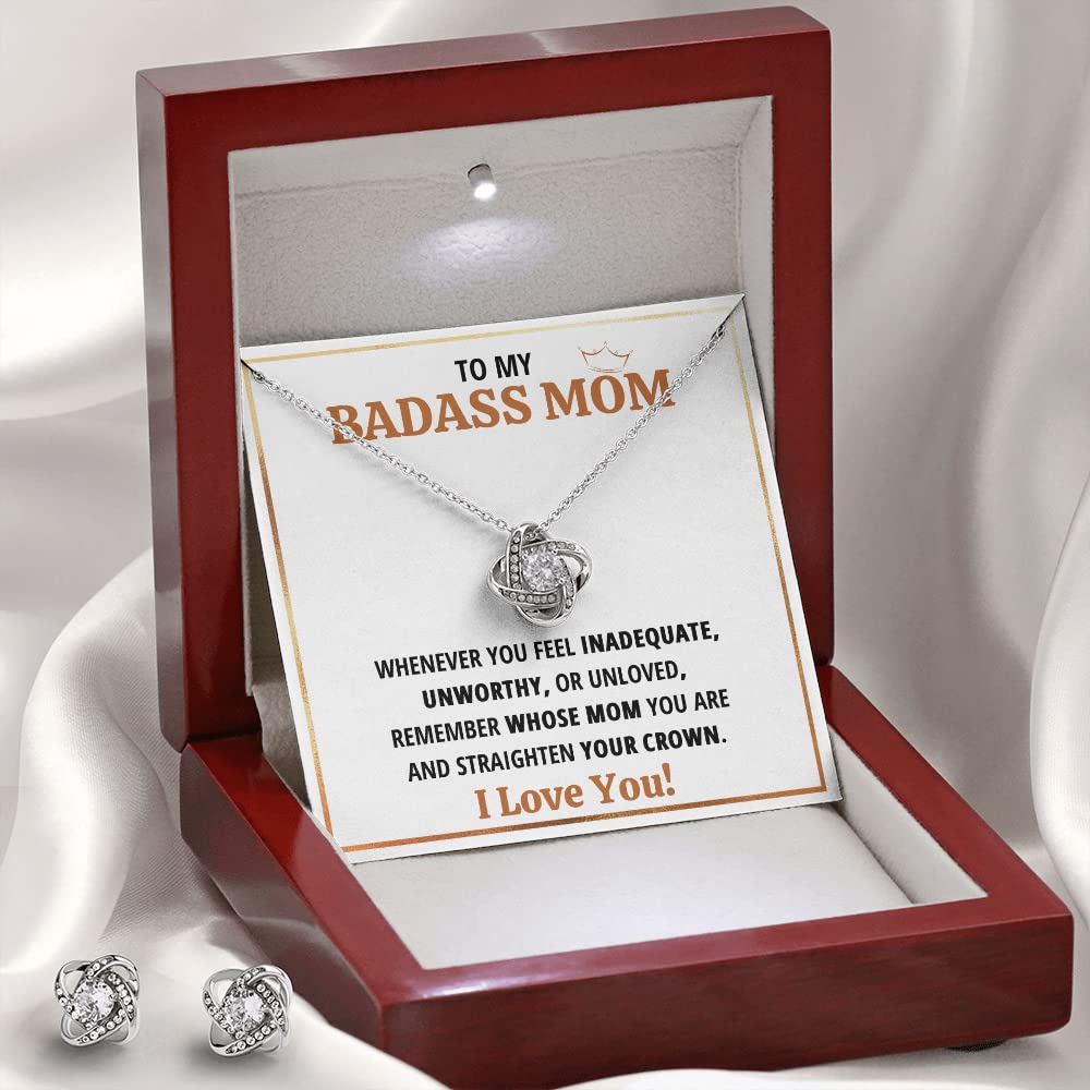 Personalized Mom Necklace Gift Set - Sterling Silver Pendant Jewelry with Message Card & LED Gift Box for Mother's Day, Christmas, Birthday - Perfect for Sons to Show Love (Includes Earrings & Badass Mom Crown Charm) - Ideal for Special Occasions & Everyday Wear
