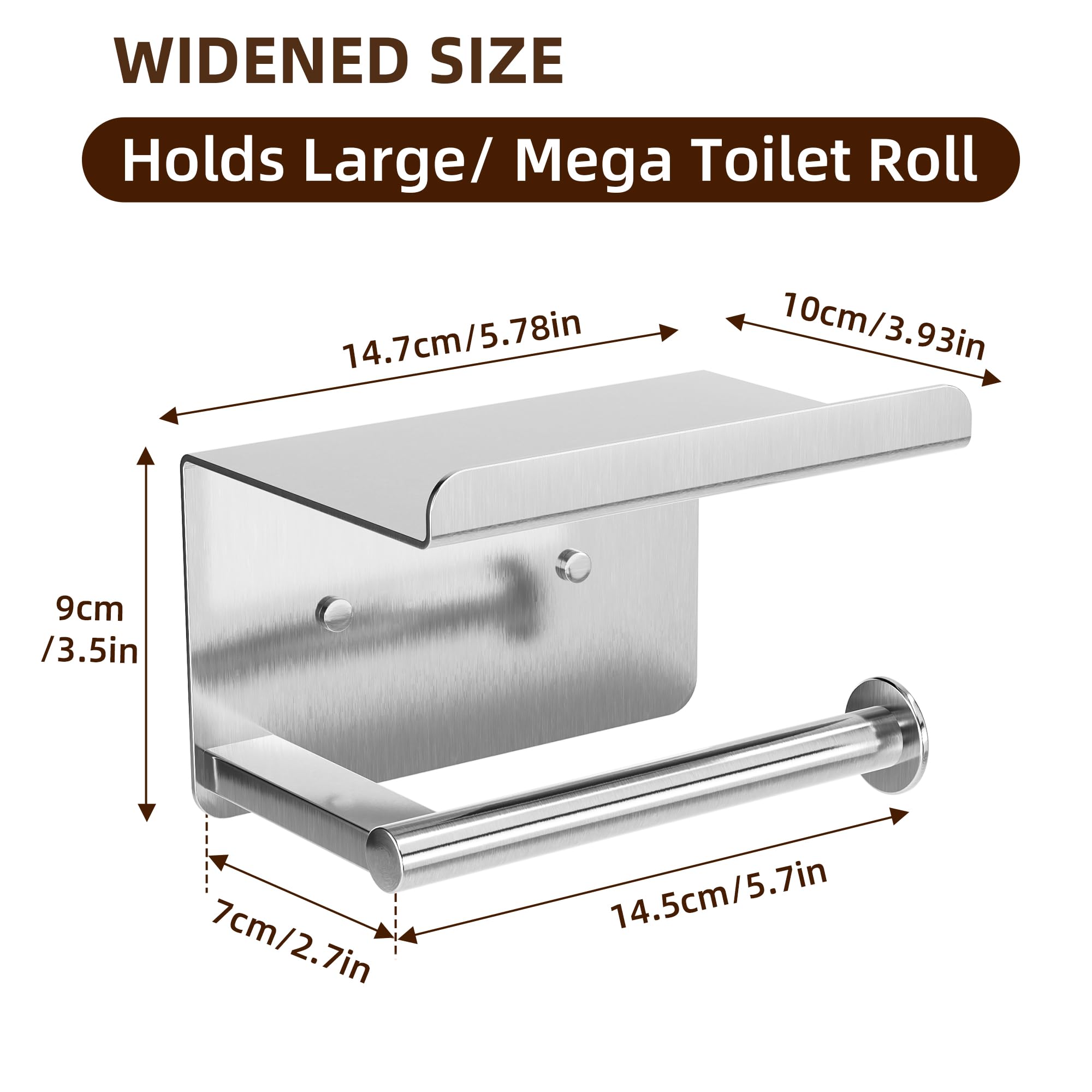 Stick-On Toilet Paper Holder with Phone Shelf - Wall Mounted Rustproof Bathroom Tissue Roll Holder with Storage Shelf - Space Saving Bathroom Organizer for Small Spaces (Silver) - Perfect for Apartments, RVs, and Compact Bathrooms