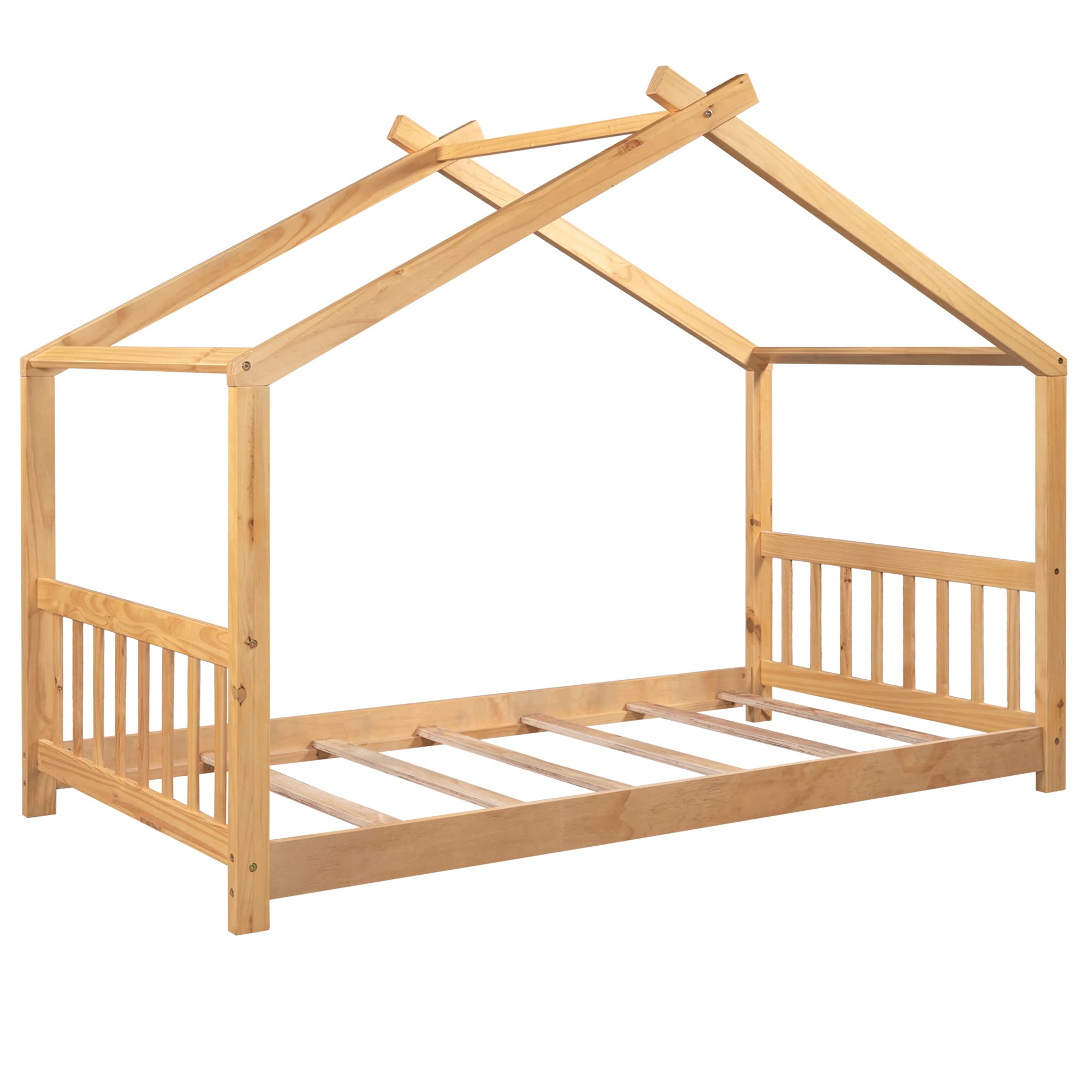 Solid Pinewood Twin Size House Platform Bed Frame with Vertical Hollow Headboard & Footboard - Rustic Bedroom Furniture for Small Spaces, Dorm Rooms & Guest Bedrooms