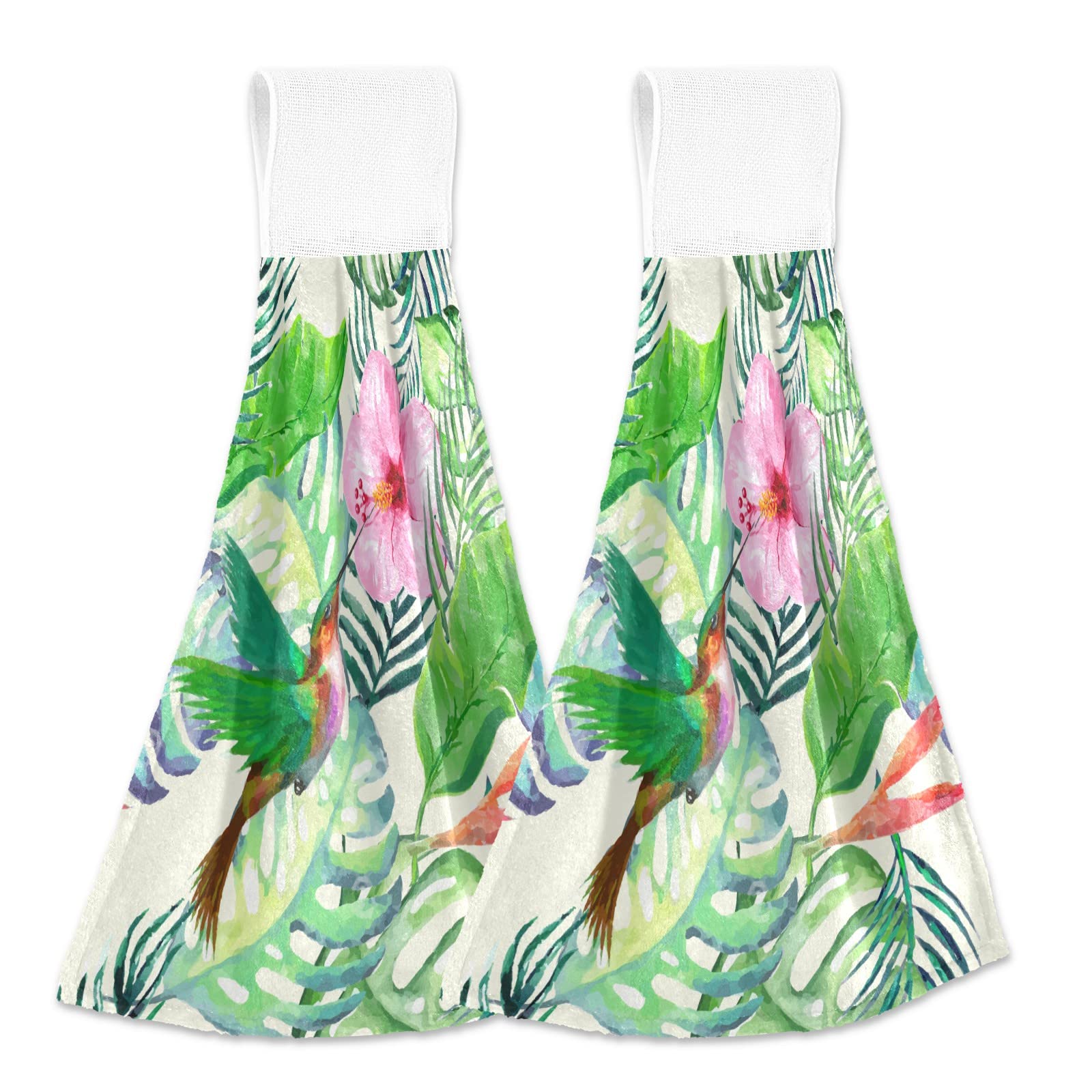 2 Pack Watercolor Hummingbird & Tropical Floral Kitchen Hand Towels with Hanging Loop - Soft Absorbent Dish Towels for Kitchen, Tea Bar, Bathroom | Perfect for Cooking, Cleaning & Decor