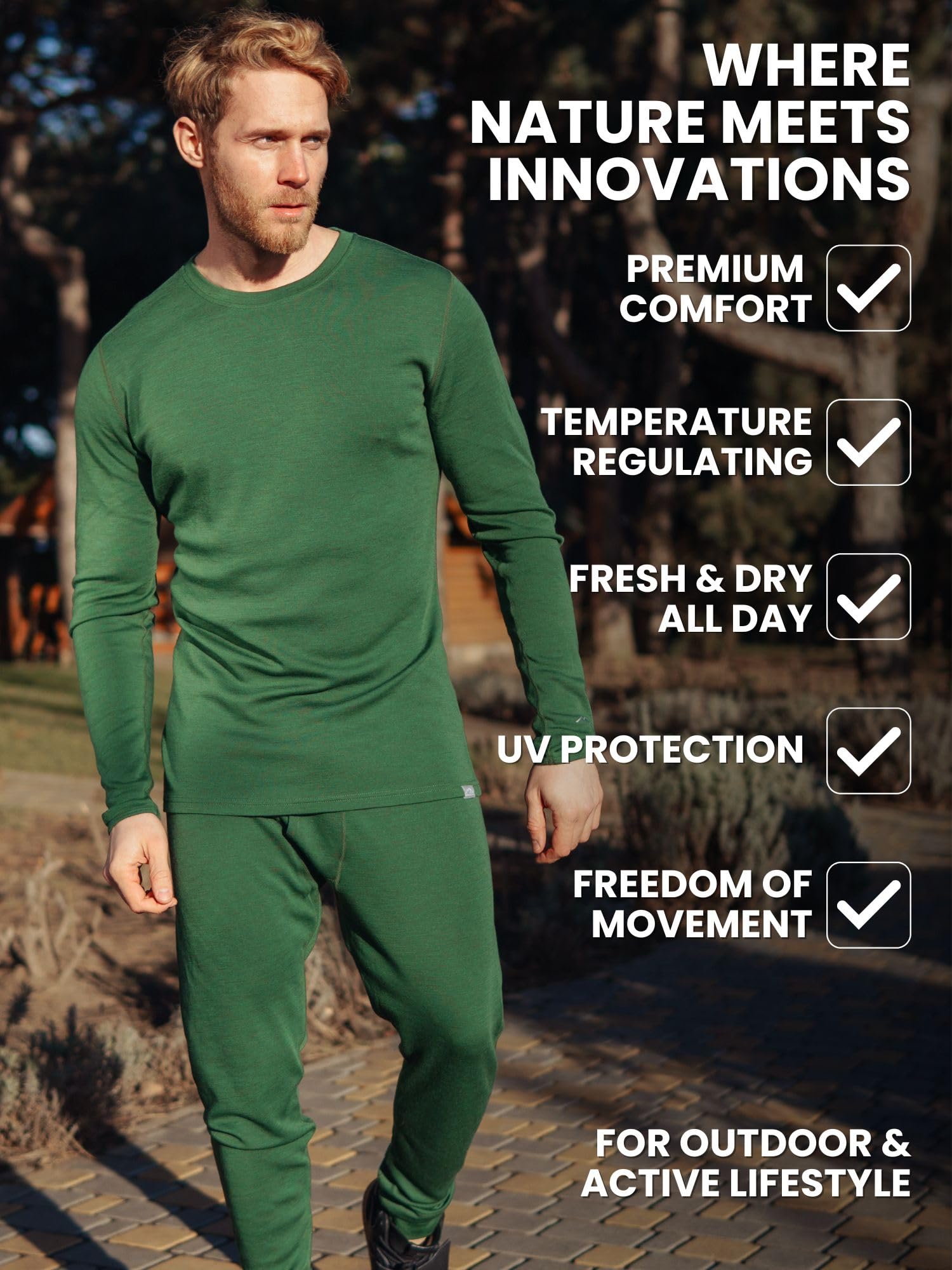 Merino.tech 100% Merino Wool Thermal Underwear for Men - Lightweight, Midweight & Heavyweight Base Layer Pants with Socks | Cold Weather Hiking, Skiing & Winter Outdoor Activities