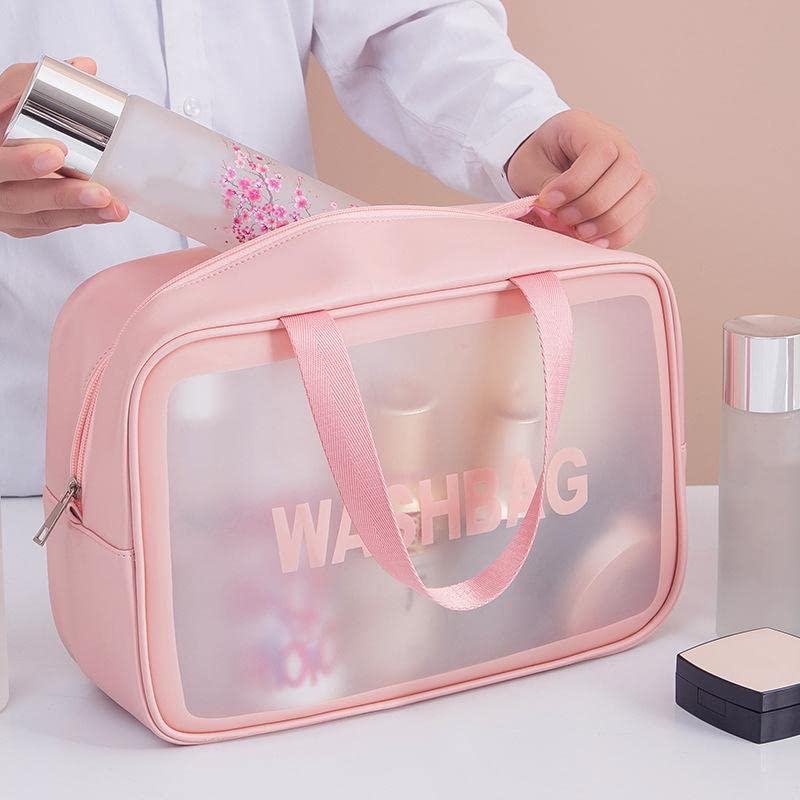 PINZOR Transparent Cosmetic Makeup Pouch - Waterproof Travel Toiletry Bag with Zipper & Handle - Portable Organizer Case for Women & Men - Perfect for Travel, Gym, Home Storage & Daily Essentials (Pink)