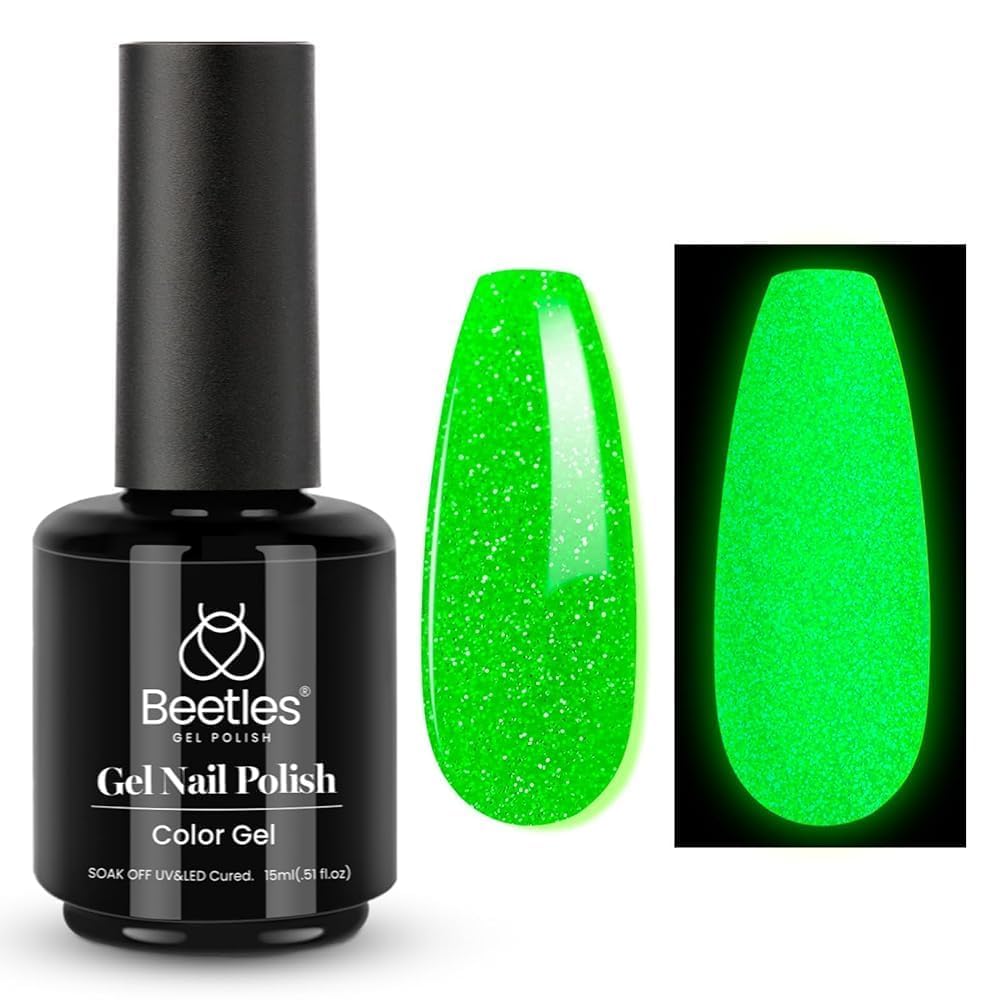 Beetles 15ml Glitter Green Glow in Dark UV LED Gel Polish - Soak Off Nail Art Gel for Halloween & Party Nights (Long Lasting, Salon Quality)